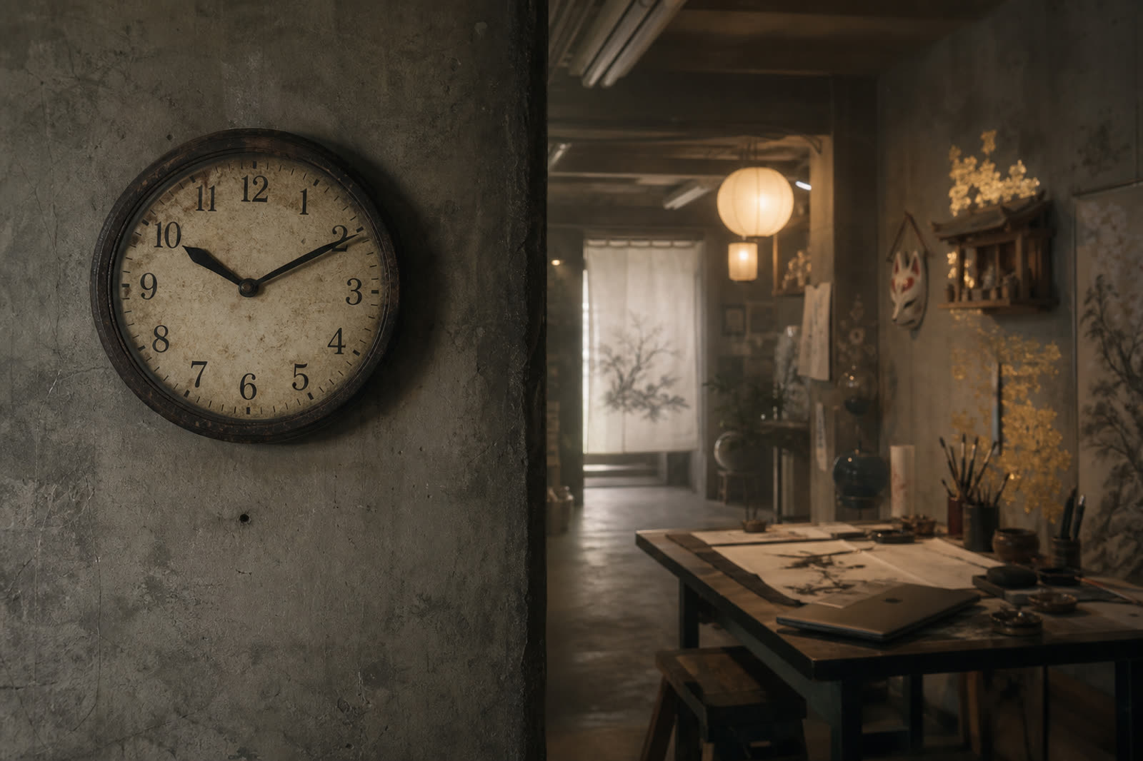 A studio: clock on concrete, ink and paper on the table.